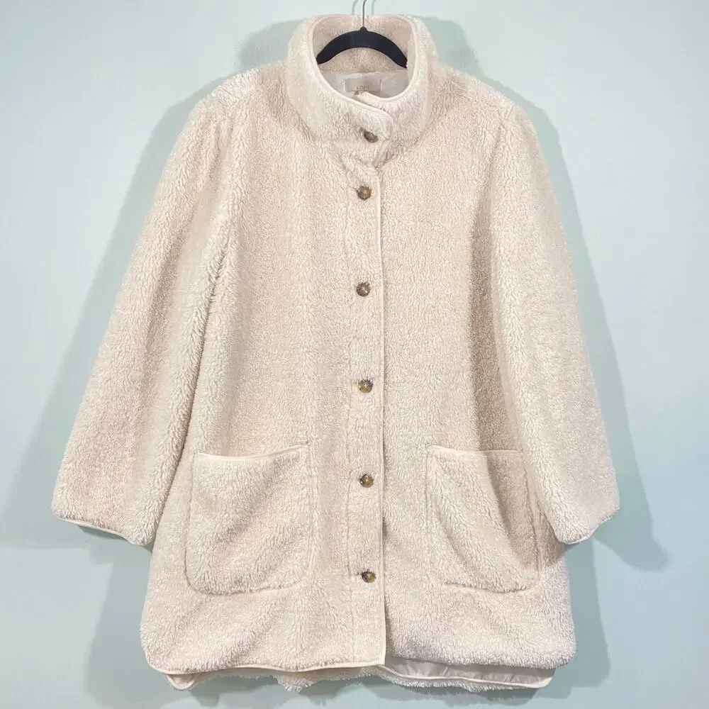 LOFT Women's Cream Button Up Sherpa Funnel Neck Jacket Size XL